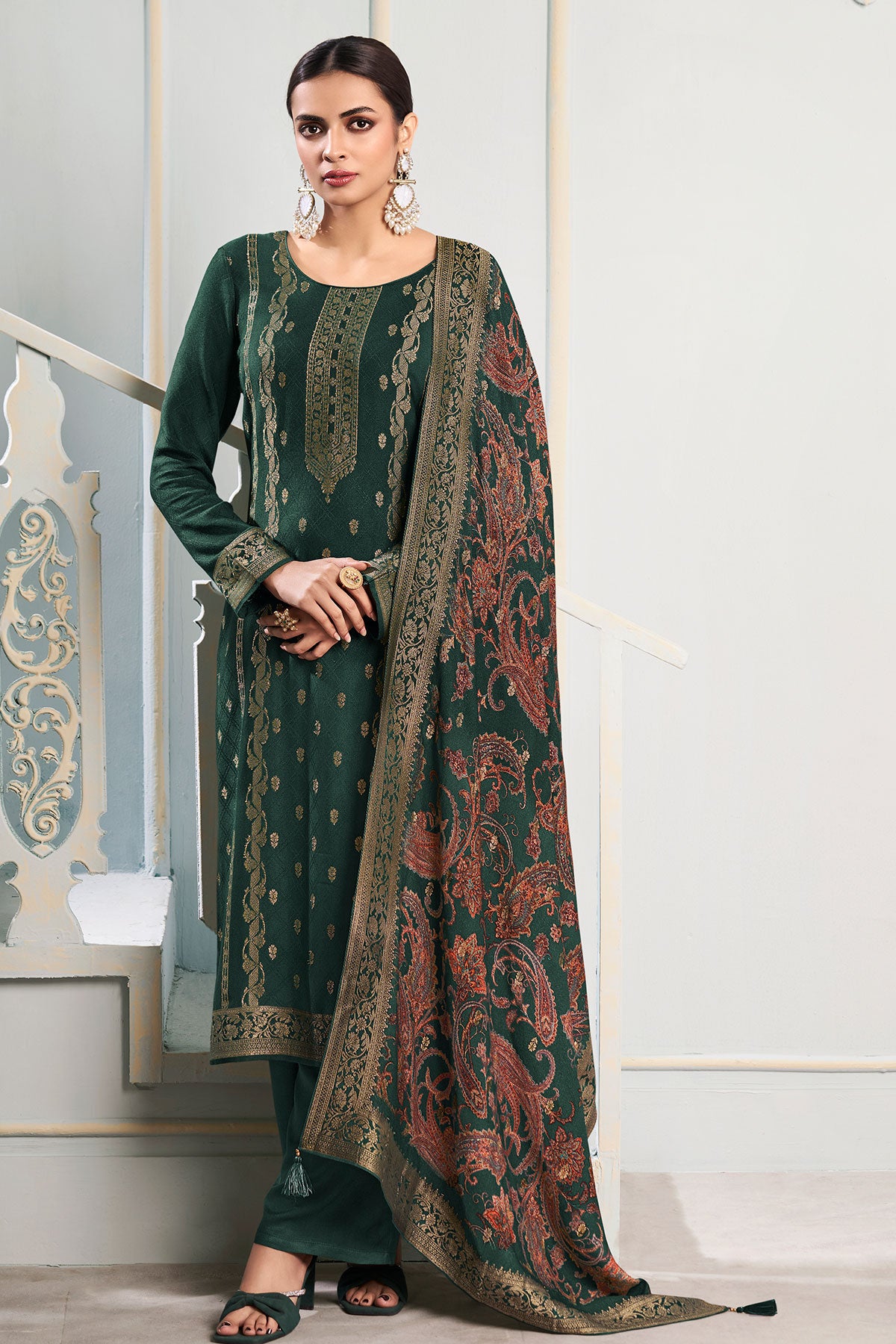 Bottle Green Digital Printed Viscose Pashmina Jacquard Suit Set