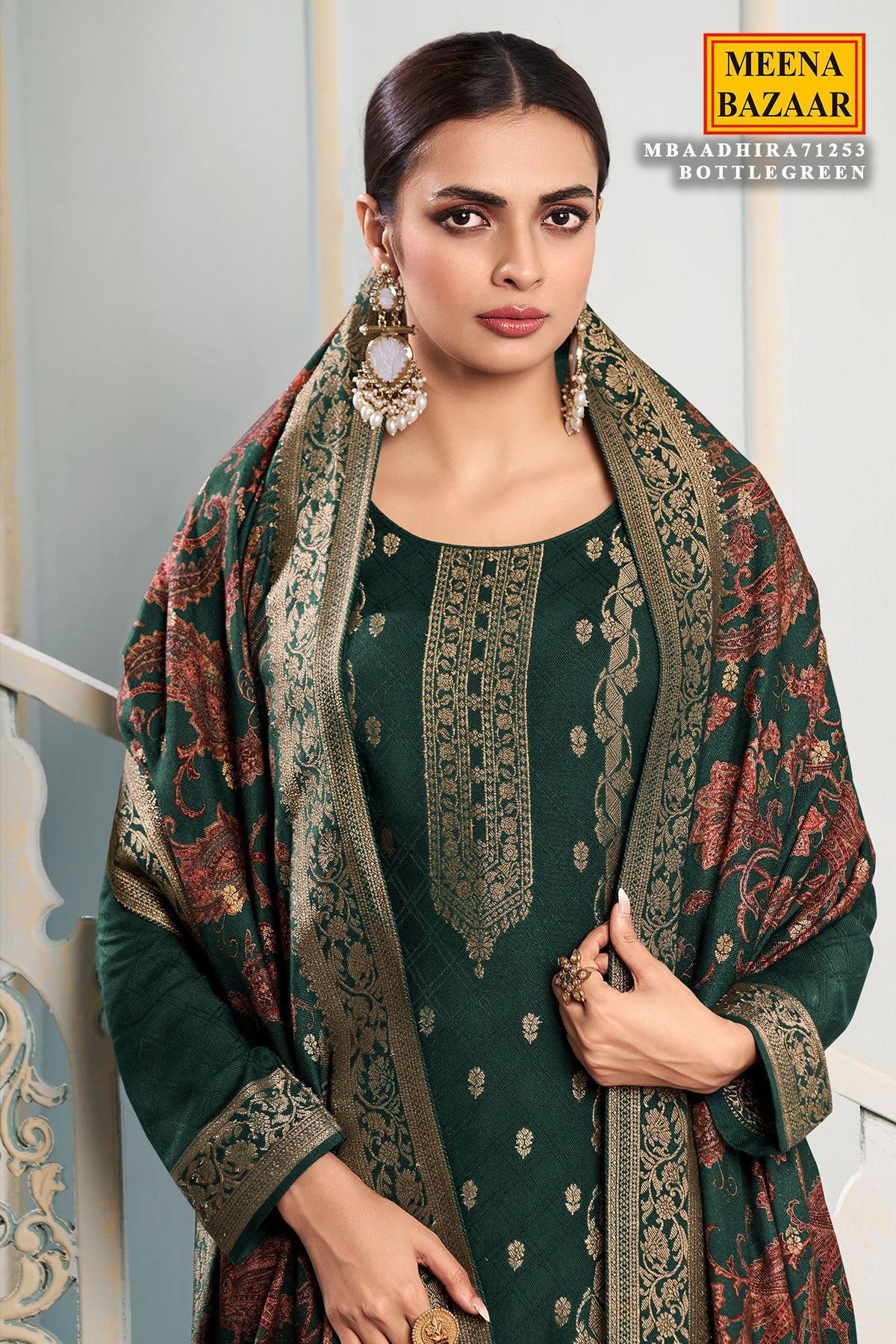 Bottle Green Digital Printed Viscose Pashmina Jacquard Suit Set