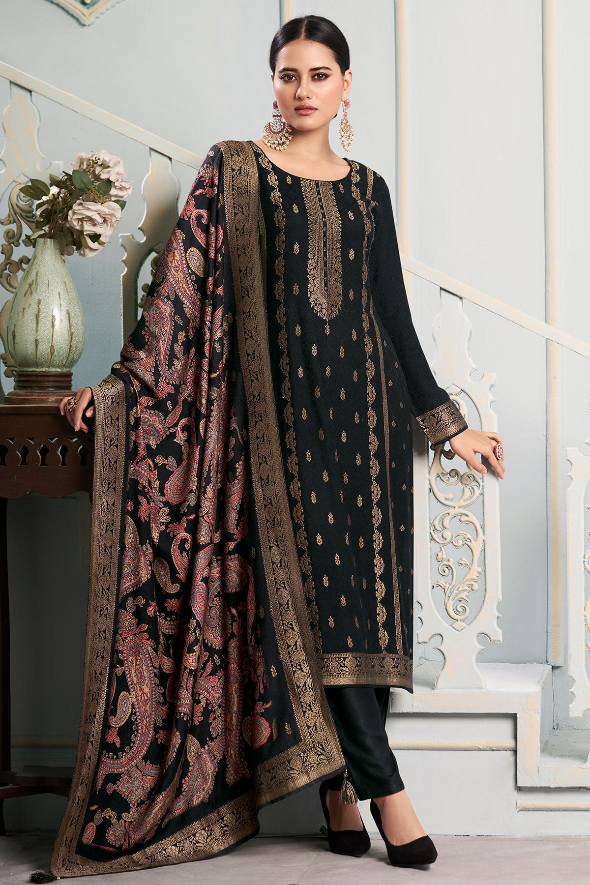 Black Digital Printed Viscose Pashmina Jacquard Suit Set