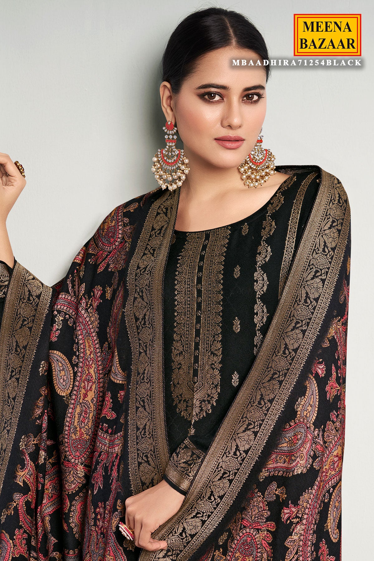 Black Digital Printed Viscose Pashmina Jacquard Suit Set