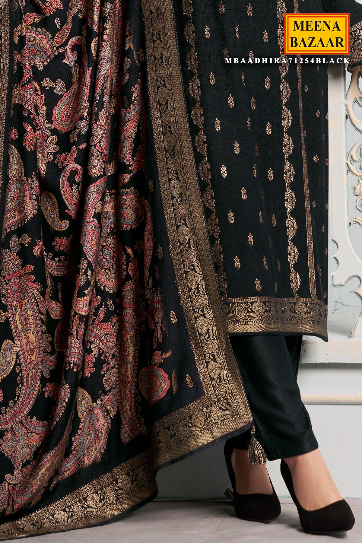 Black Digital Printed Viscose Pashmina Jacquard Suit Set