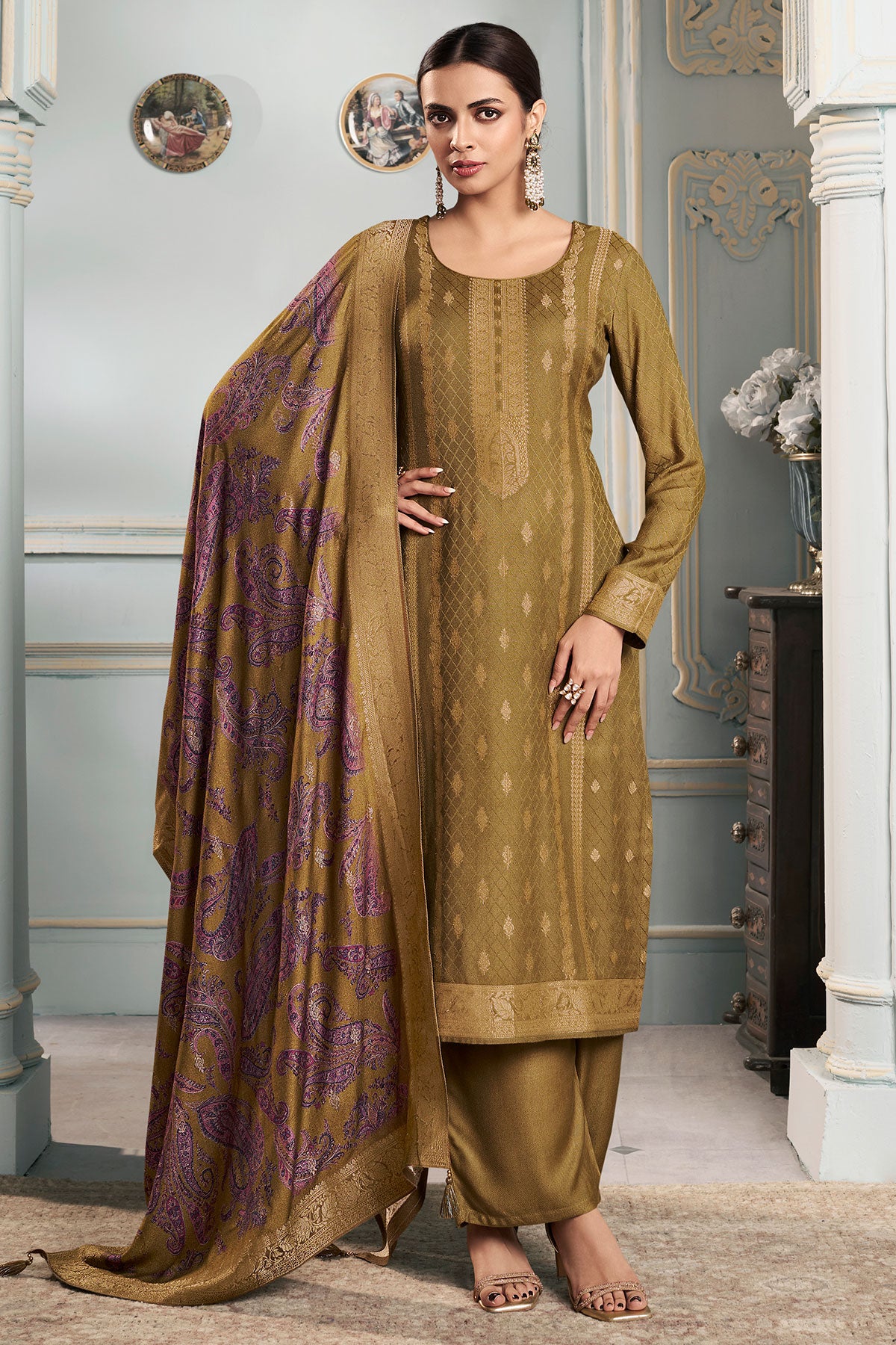 Mustard Digital Printed Viscose Pashmina Jacquard Suit Set