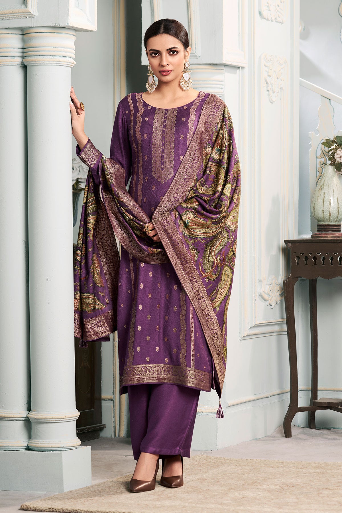 Wine Digital Printed Viscose Pashmina Jacquard Suit Set