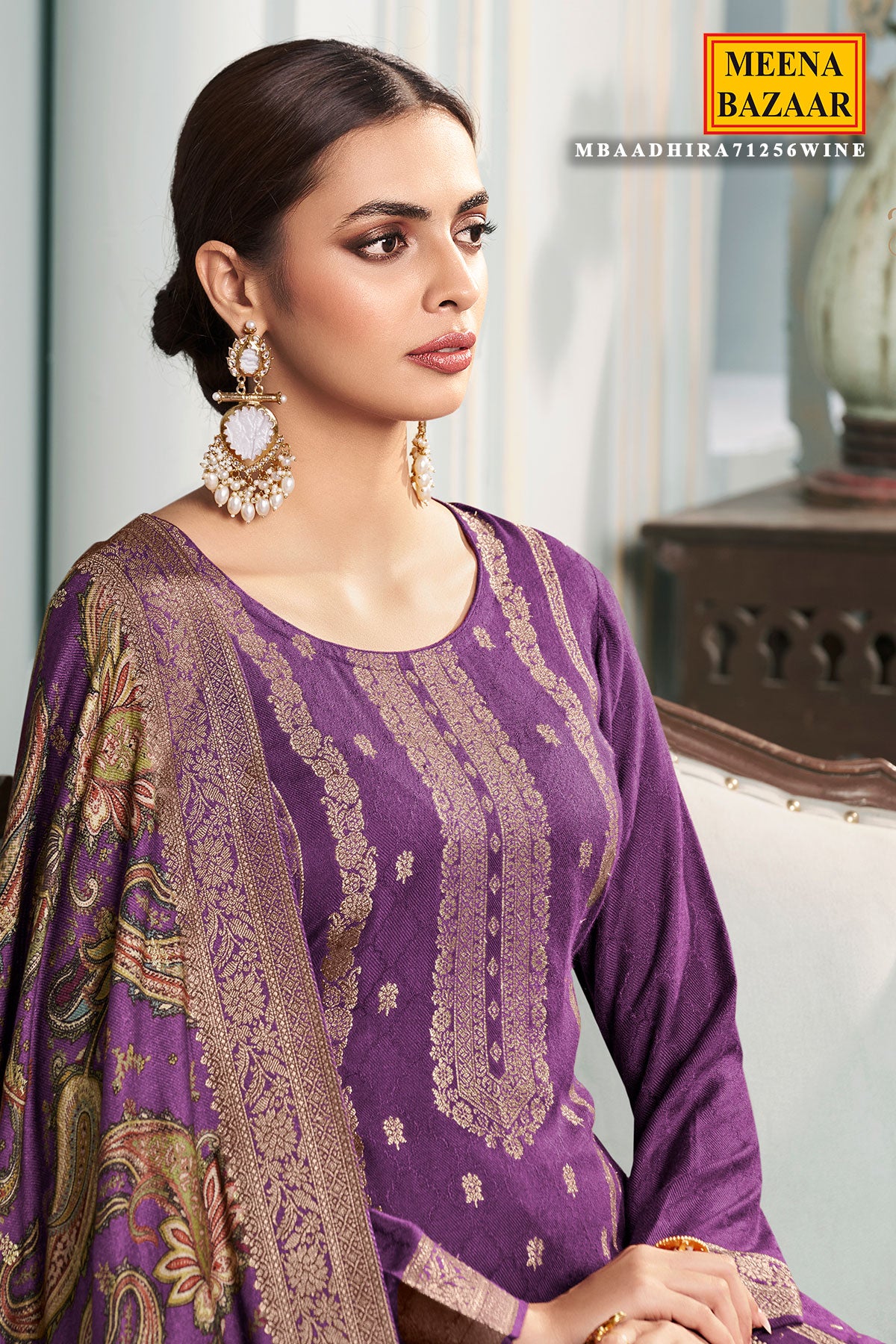 Wine Digital Printed Viscose Pashmina Jacquard Suit Set