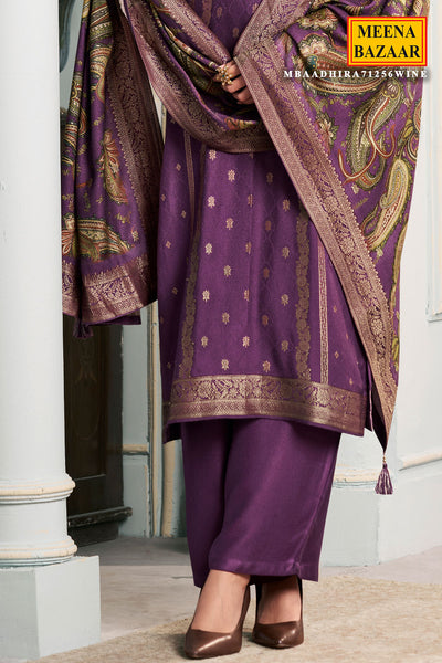 Wine Digital Printed Viscose Pashmina Jacquard Suit Set