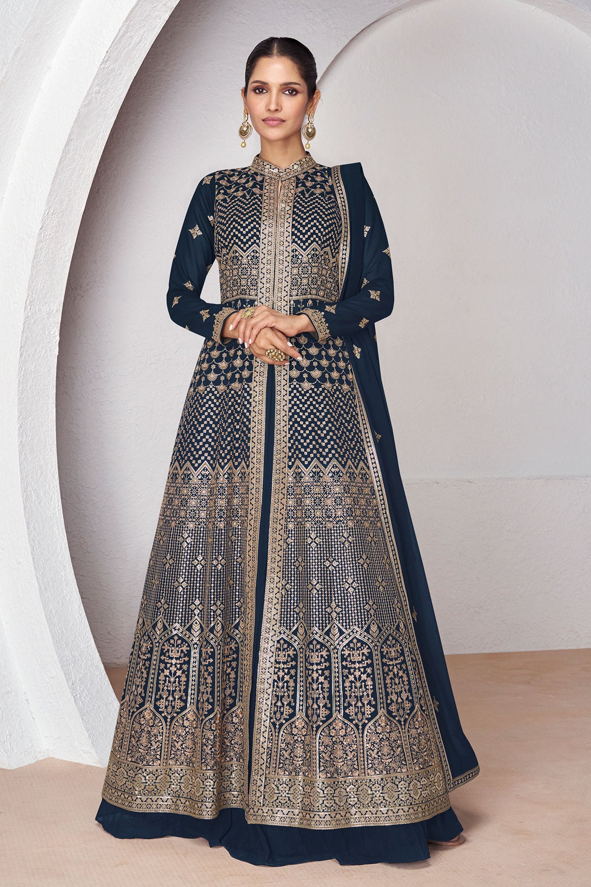 Navy Real Georgette Sequins Embroidered Anarkali Slit Style Gown