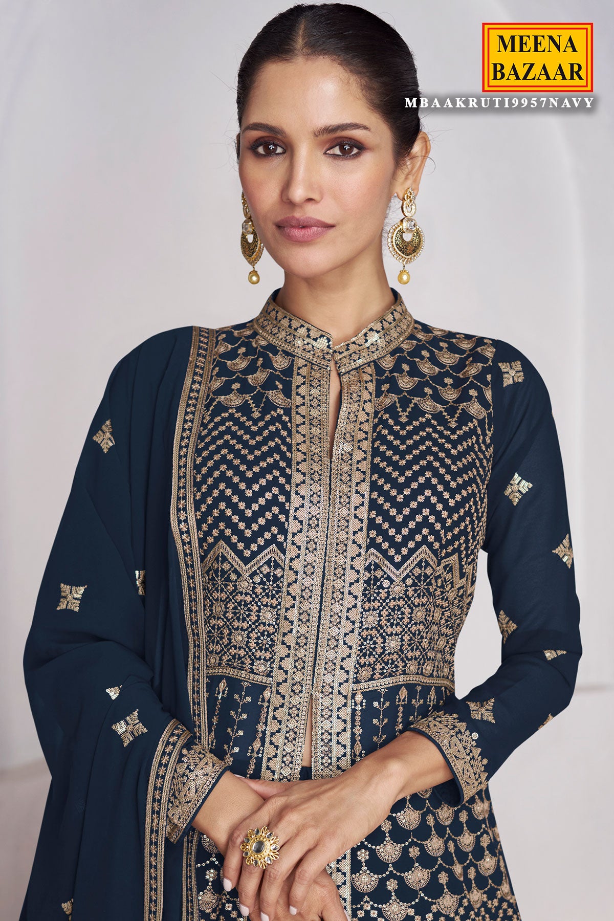 Navy Real Georgette Sequins Embroidered Anarkali Slit Style Gown