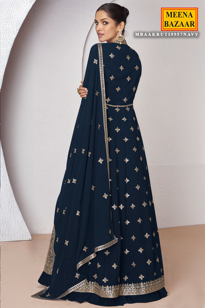 Navy Real Georgette Sequins Embroidered Anarkali Slit Style Gown