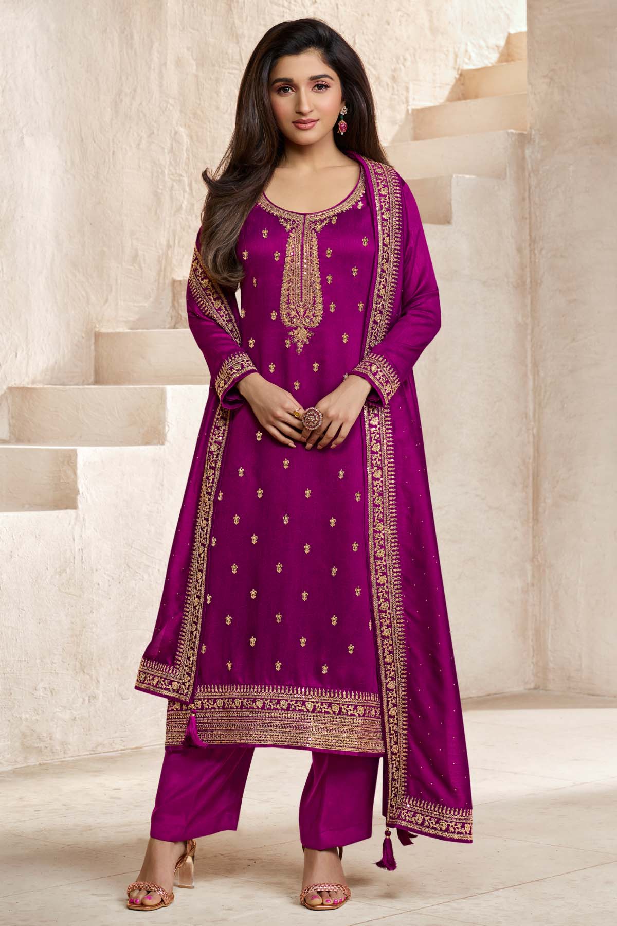 Wine Blended Silk Zari and Sequins Embroidered Suit Set