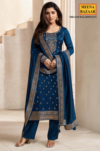 Navy Blended Silk Zari and Sequins Embroidered Suit Set