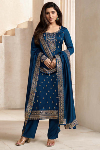 Navy Blended Silk Zari and Sequins Embroidered Suit Set