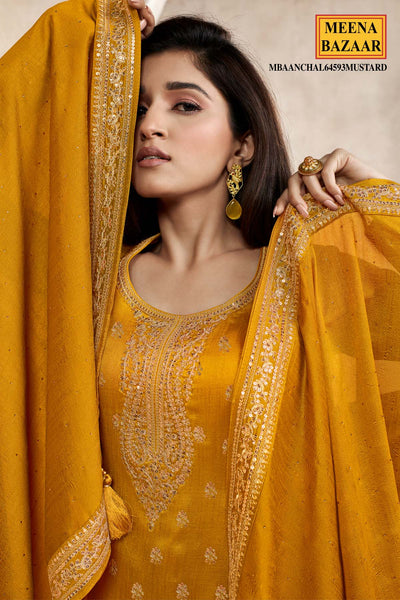 Mustard Blended Silk Zari and Sequins Embroidered Suit Set