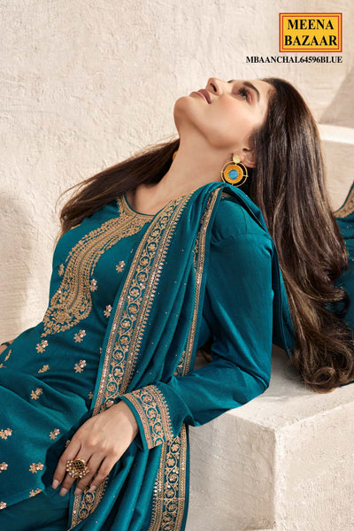 Blue Blended Silk Zari and Sequins Embroidered Suit Set