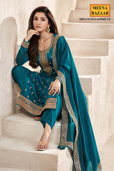 Blue Blended Silk Zari and Sequins Embroidered Suit Set