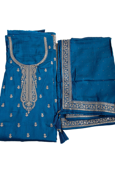 Blue Blended Silk Zari and Sequins Embroidered Suit Set