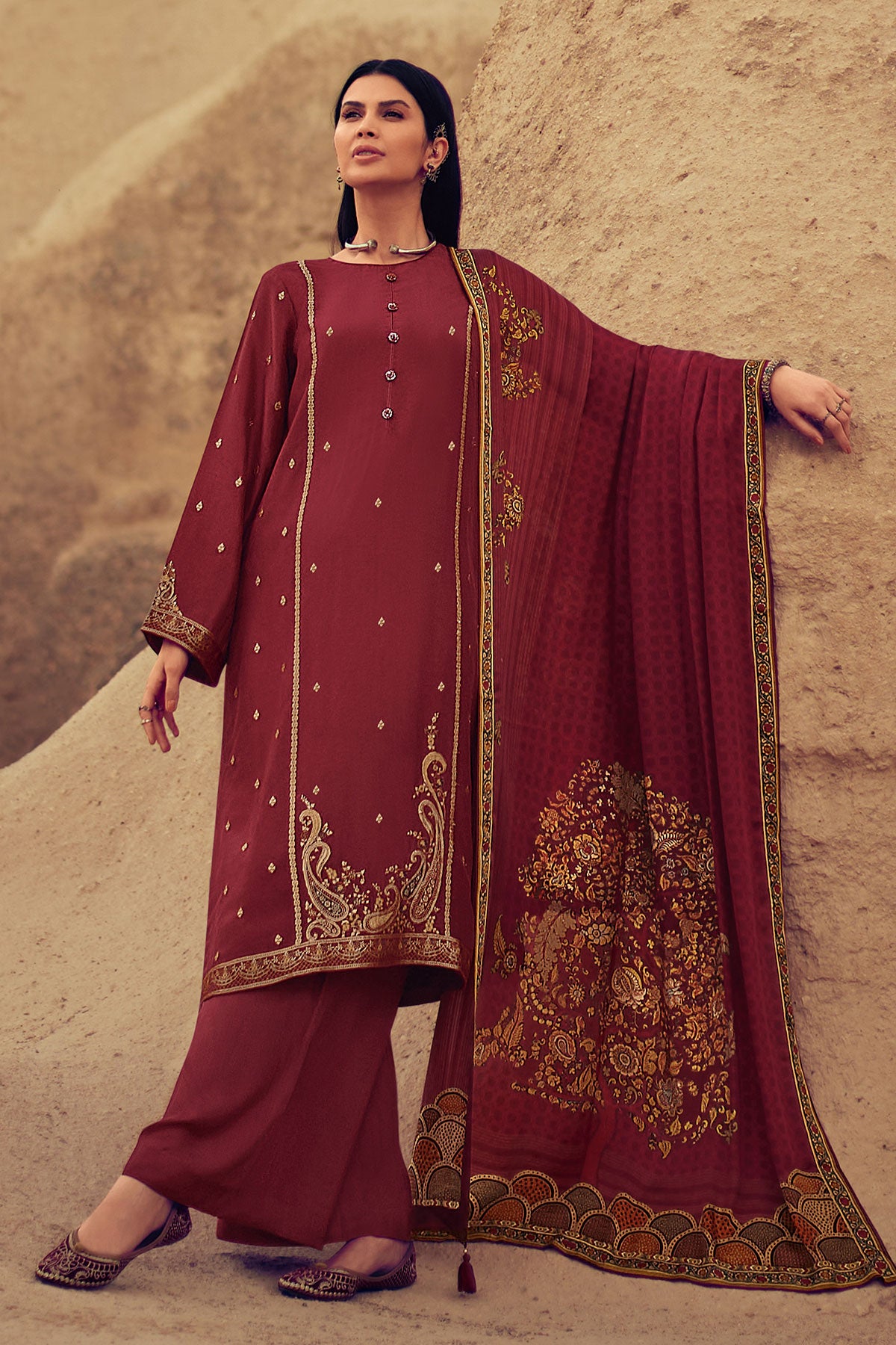 Maroon Modal Silk Zari Embroidered Suit Set