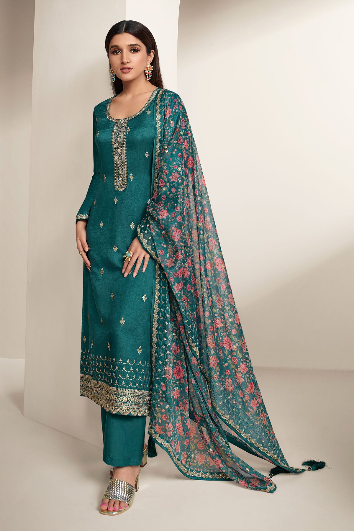 Sea Green Modal Silk Embroidered Suit Set