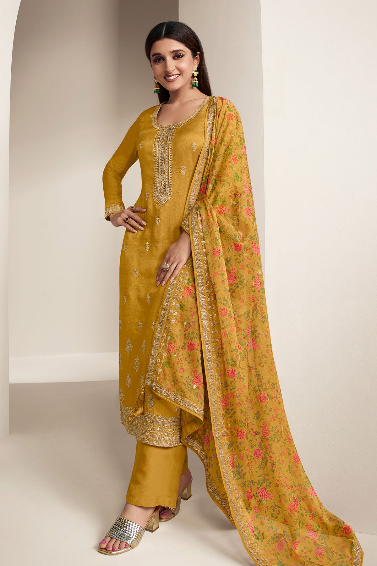 Mustard Modal Silk Embroidered Suit Set