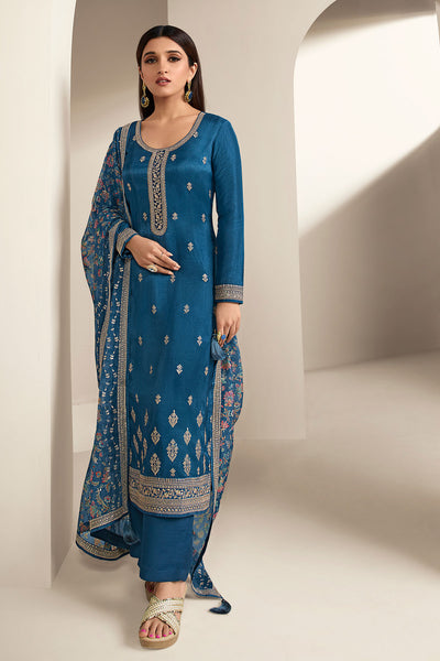 Blue Modal Silk Embroidered Suit Set