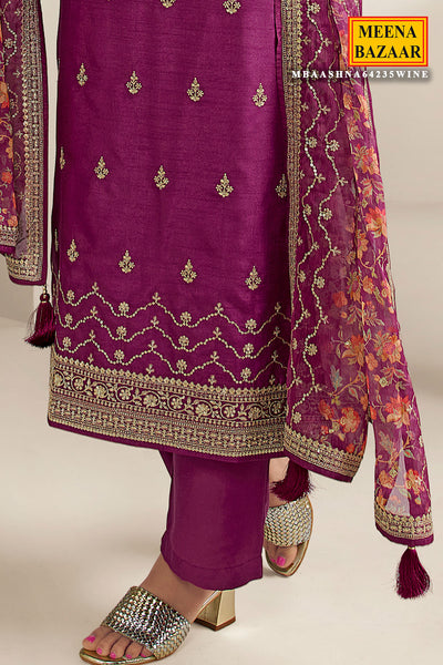 Wine Modal Silk Embroidered Suit Set