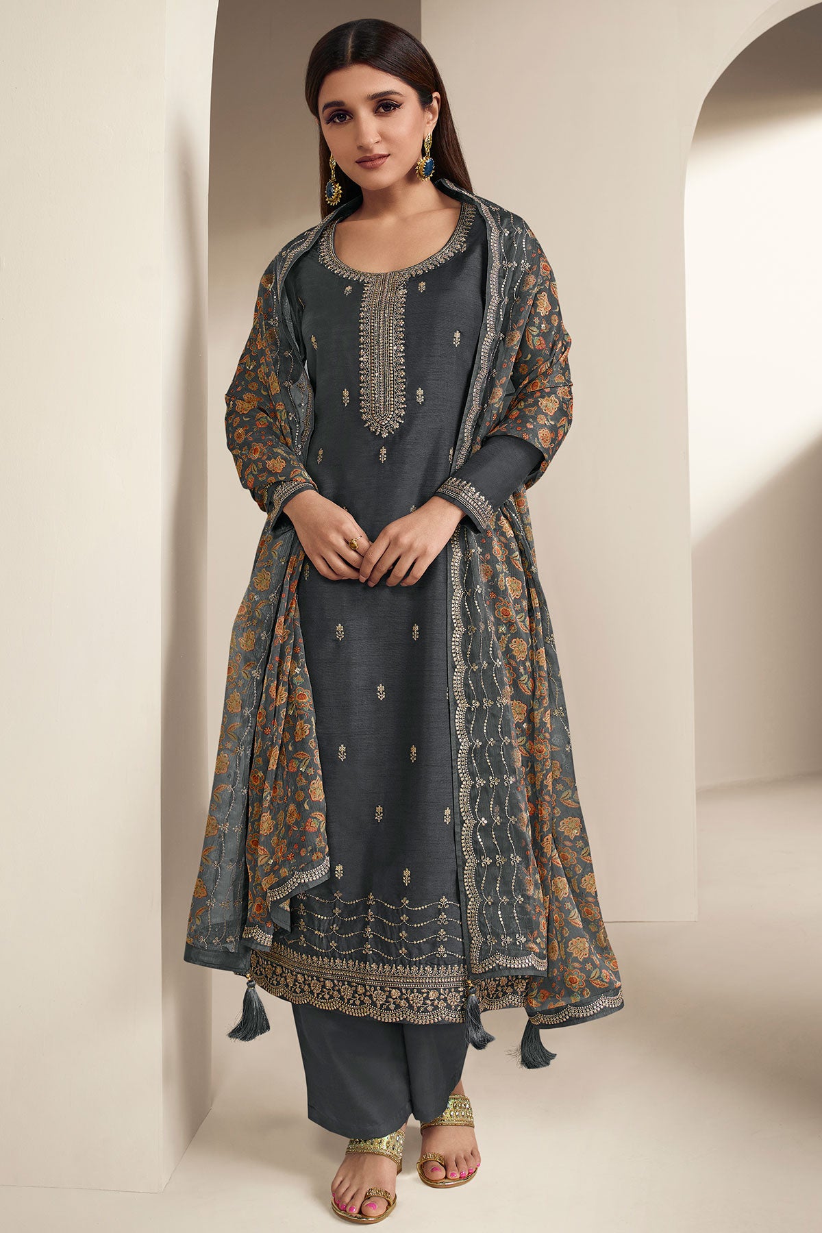 Grey Modal Silk Embroidered Suit Set