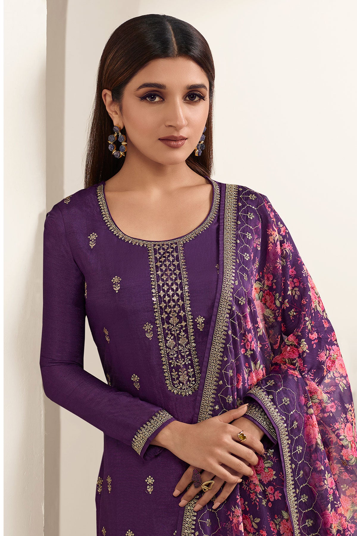Purple Modal Silk Embroidered Suit Set