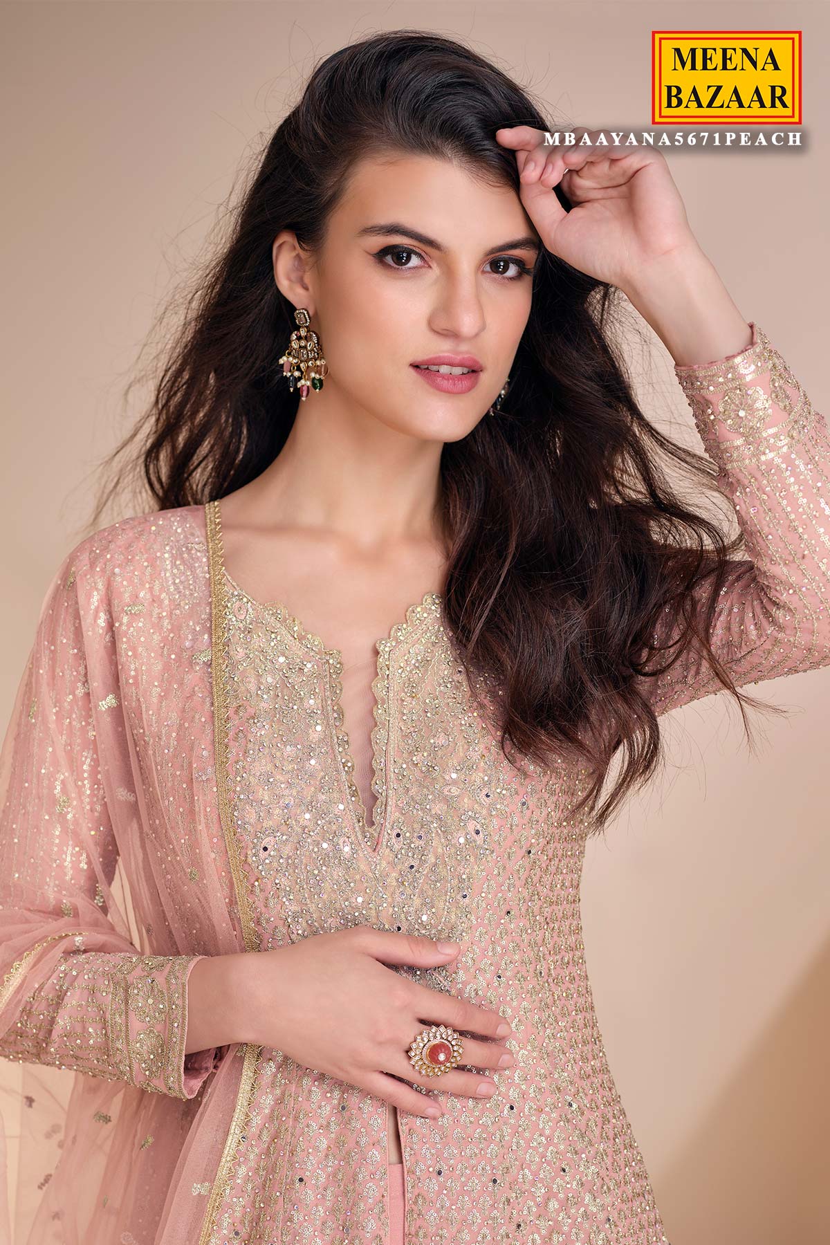 Light Pink Zari Sequin Embroidered Georgette Suit Set