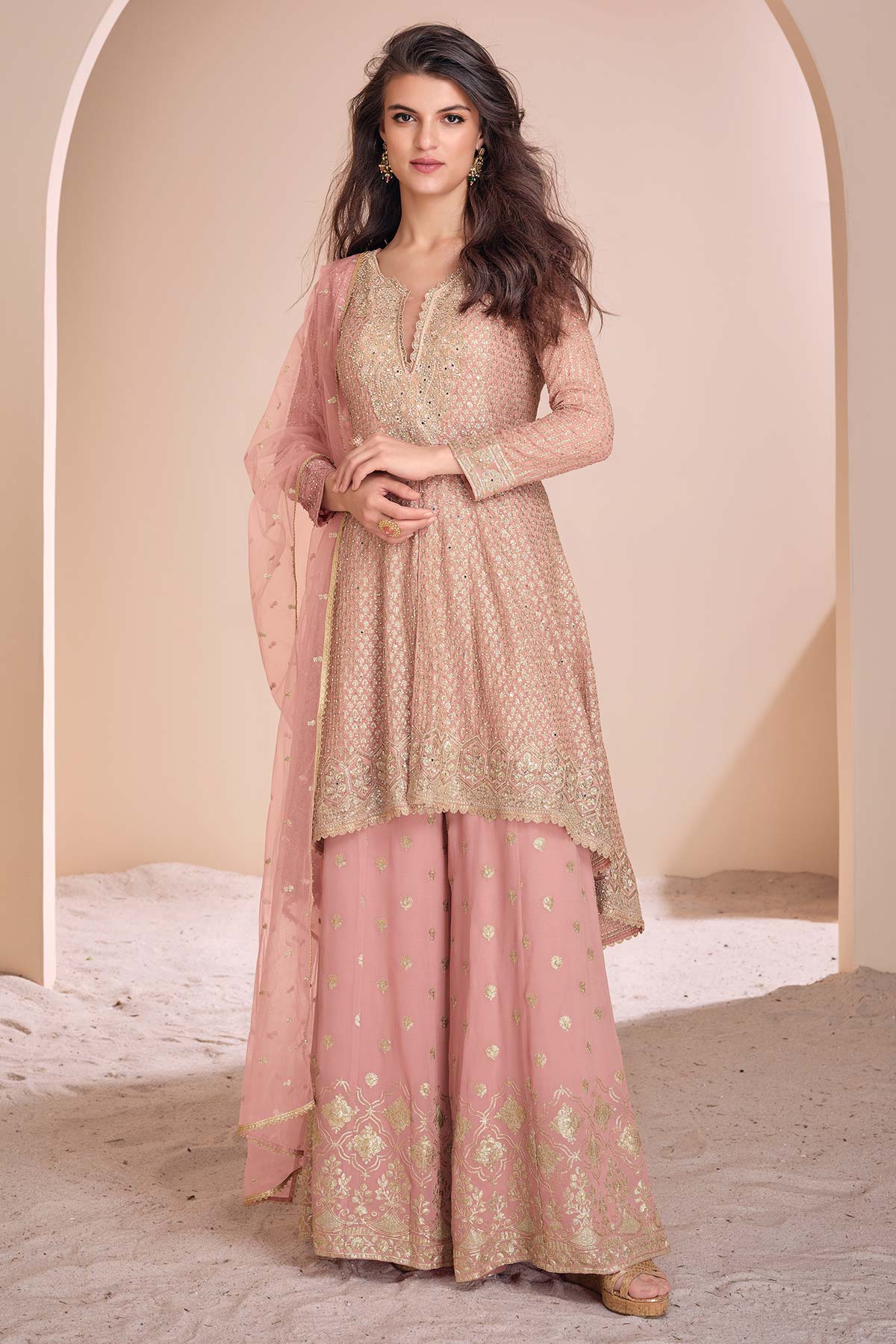 Light Pink Zari Sequin Embroidered Georgette Suit Set