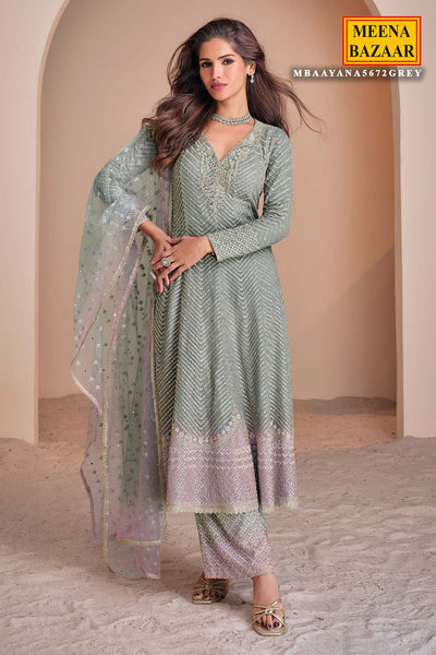 Grey Zari Sequin Embroidered Georgette Suit Set