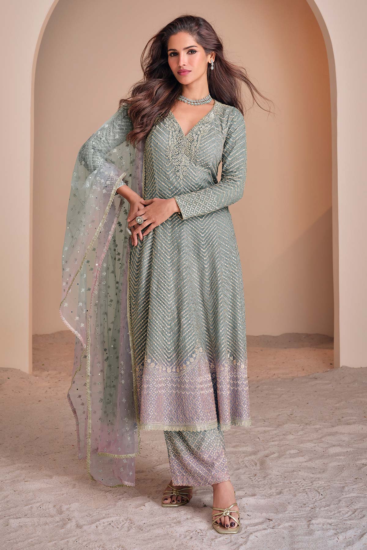 Grey Zari Sequin Embroidered Georgette Suit Set