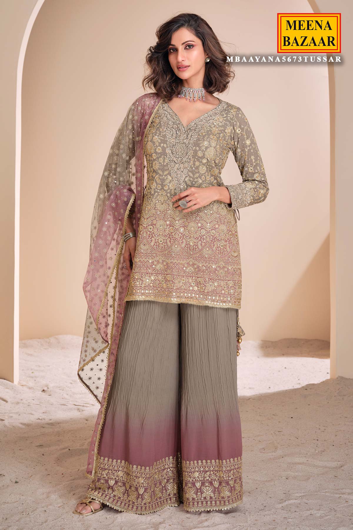 Tussar Zari Sequin Embroidered Georgette Suit Set