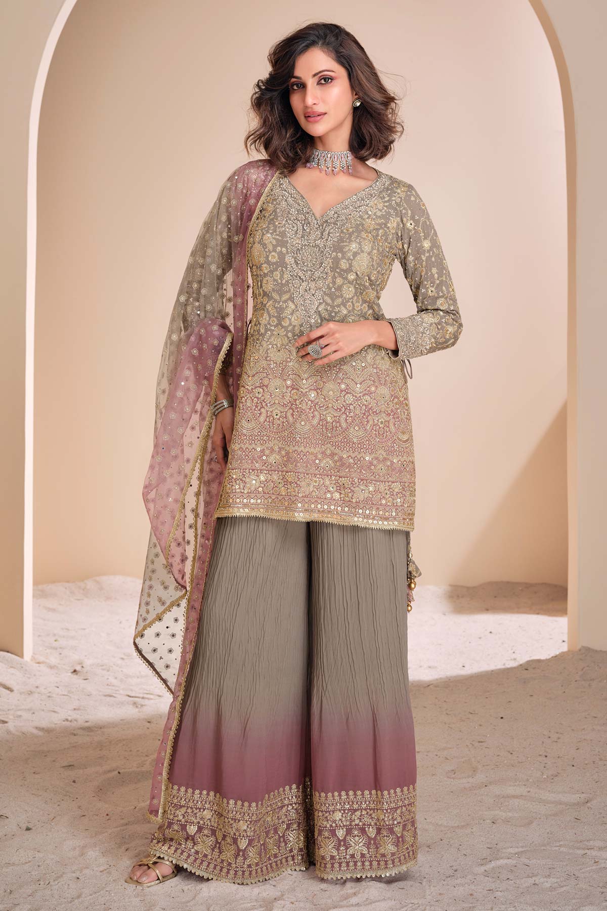 Tussar Zari Sequin Embroidered Georgette Suit Set