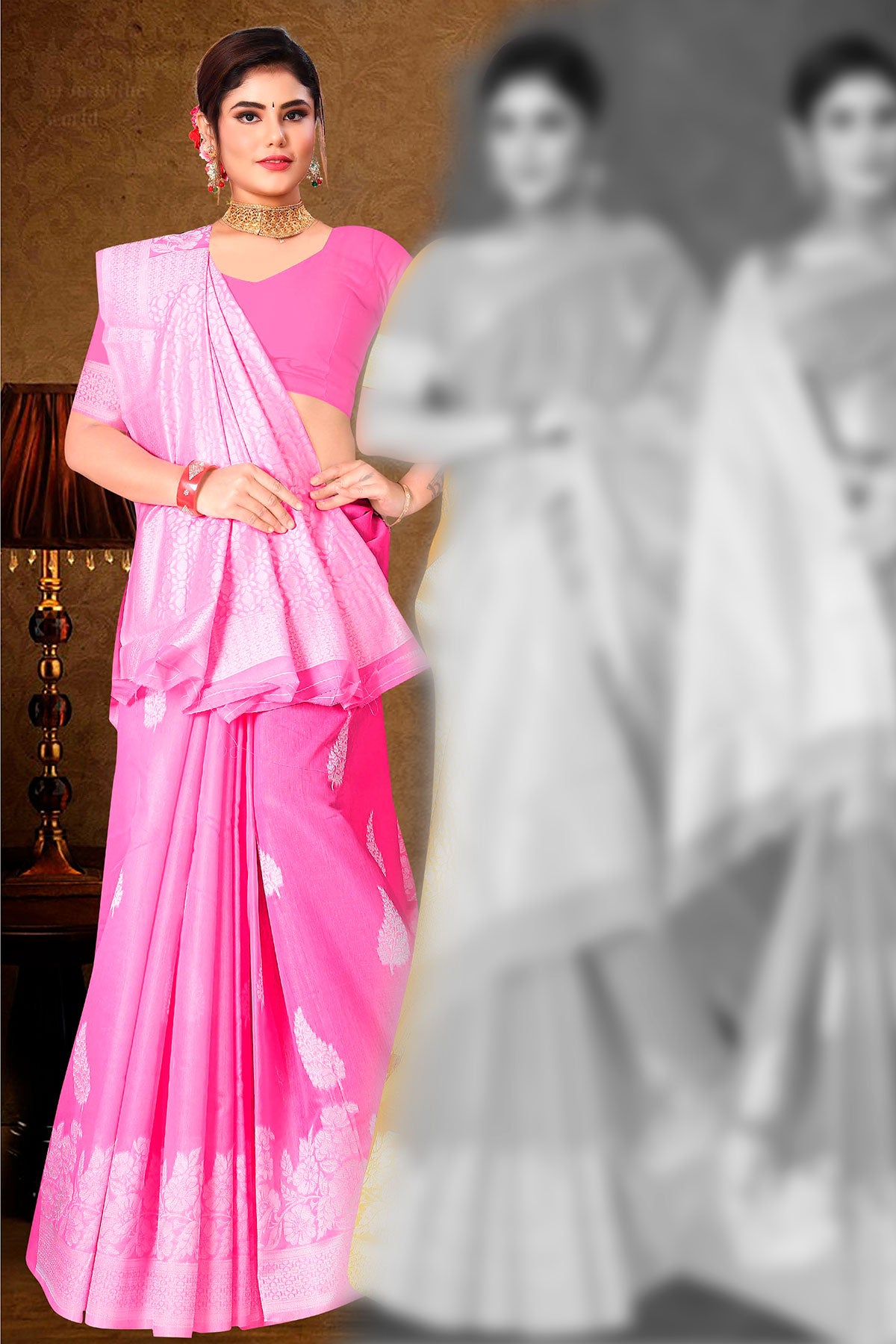 Pink Cotton Woven Saree