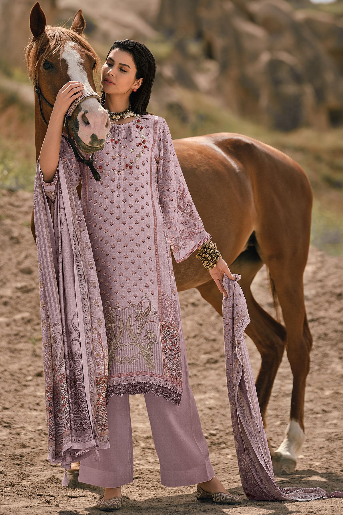 Mauve Tissue Printed Lace Embroidered Unstitched Suit
