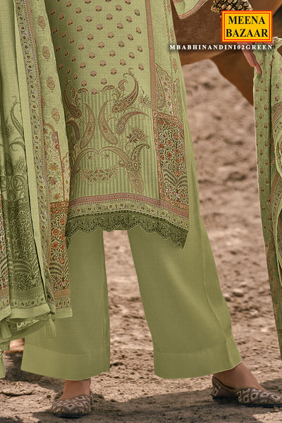 Green Tissue Printed Lace Embroidered Unstitched Suit