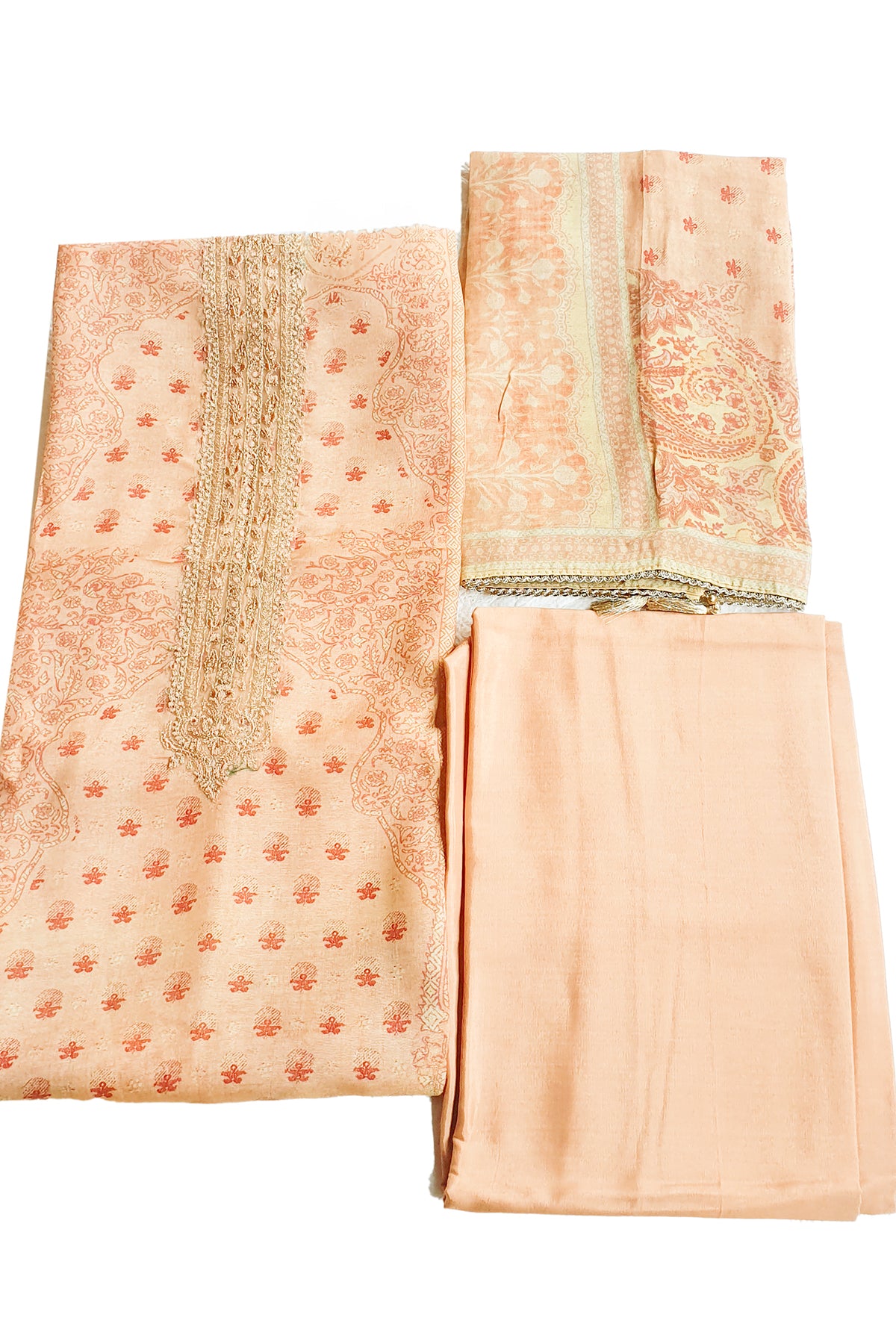Peach Tissue Printed Lace Embroidered Unstitched Suit