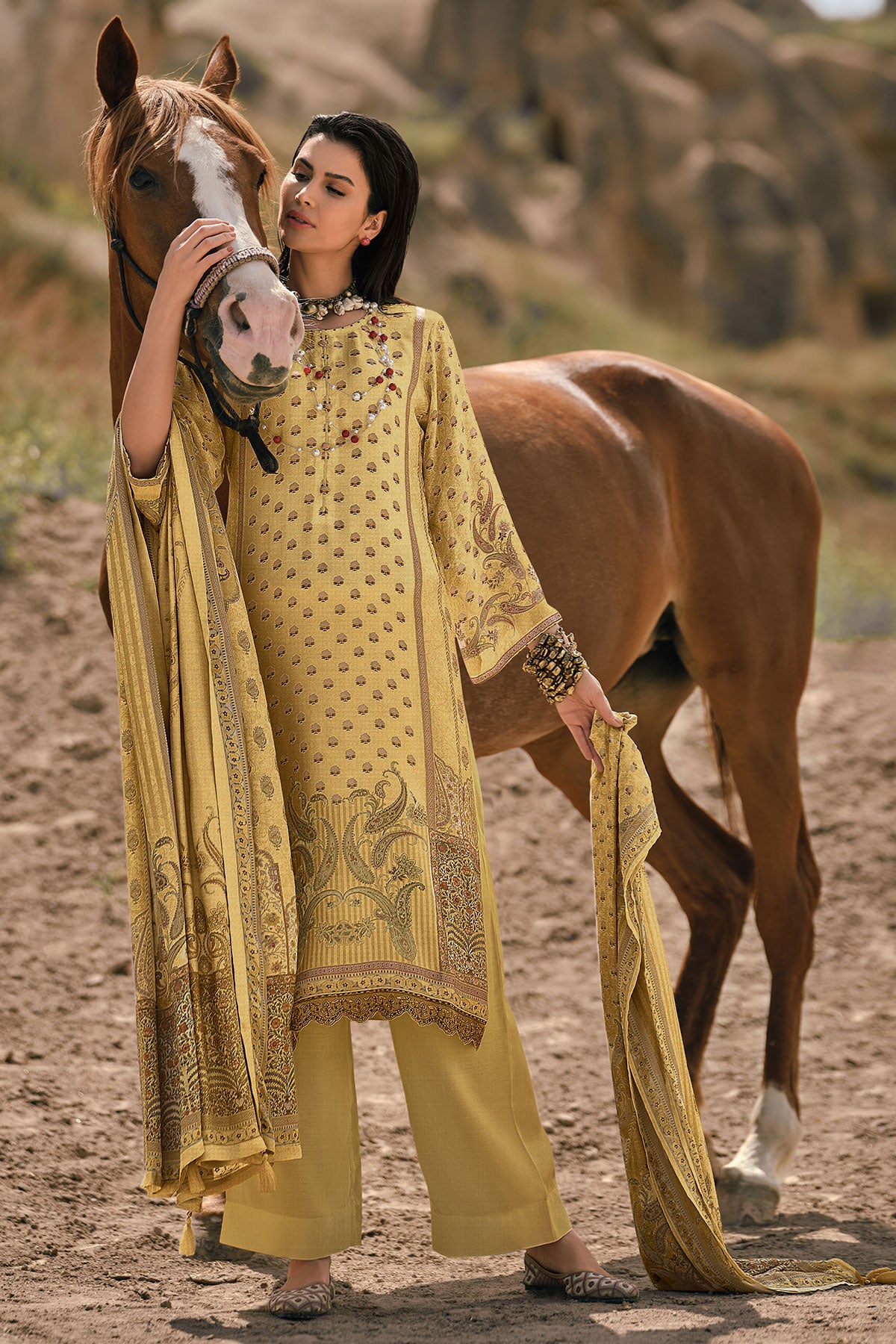 Mustard Tissue Printed Lace Embroidered Unstitched Suit