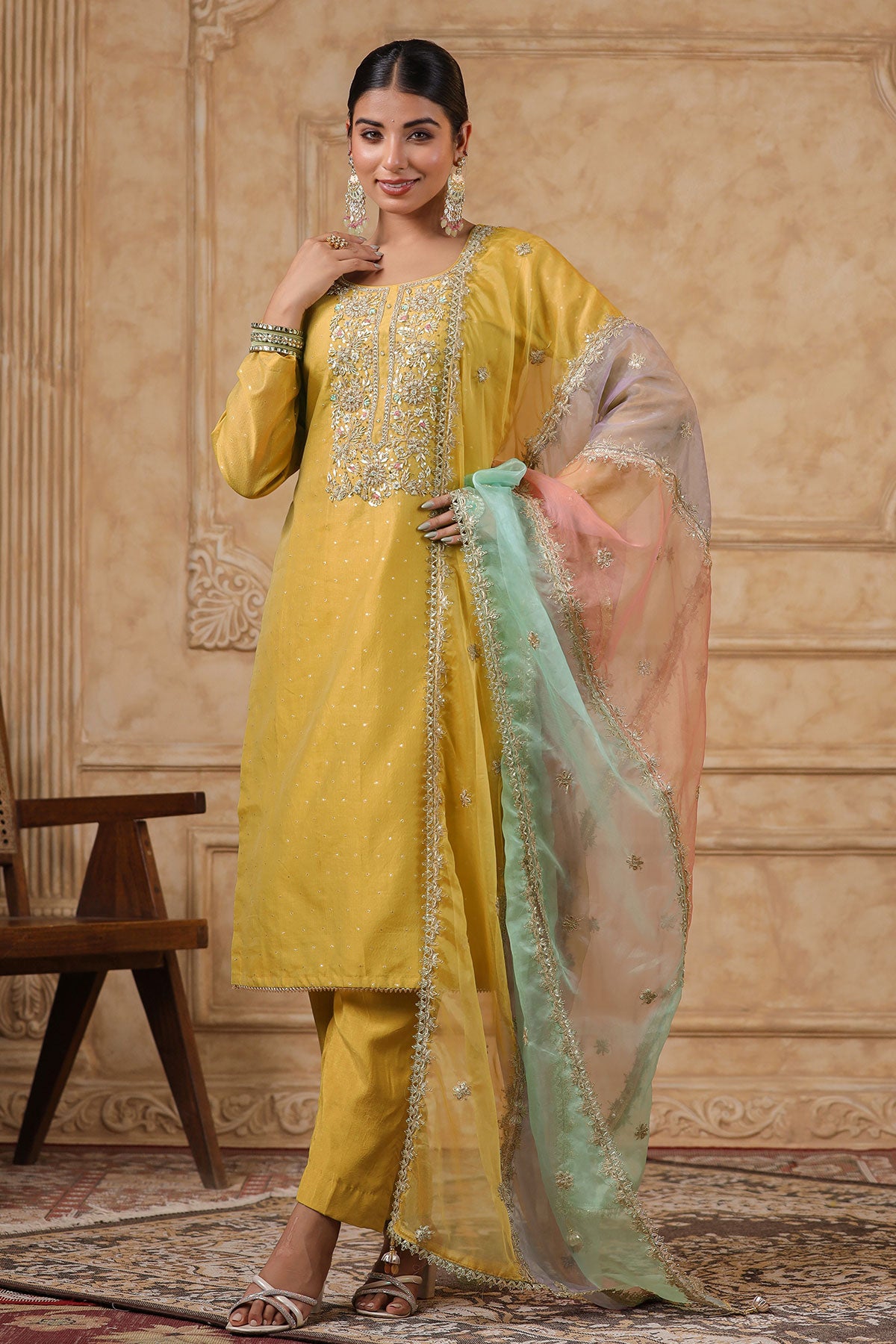 Mustard Chanderi Cut-dana Neck Embroidered Suit Set