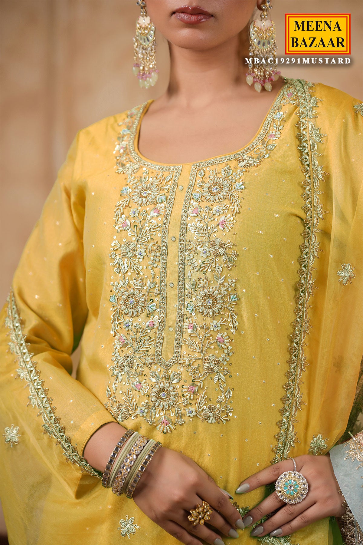 Mustard Chanderi Cut-dana Neck Embroidered Suit Set