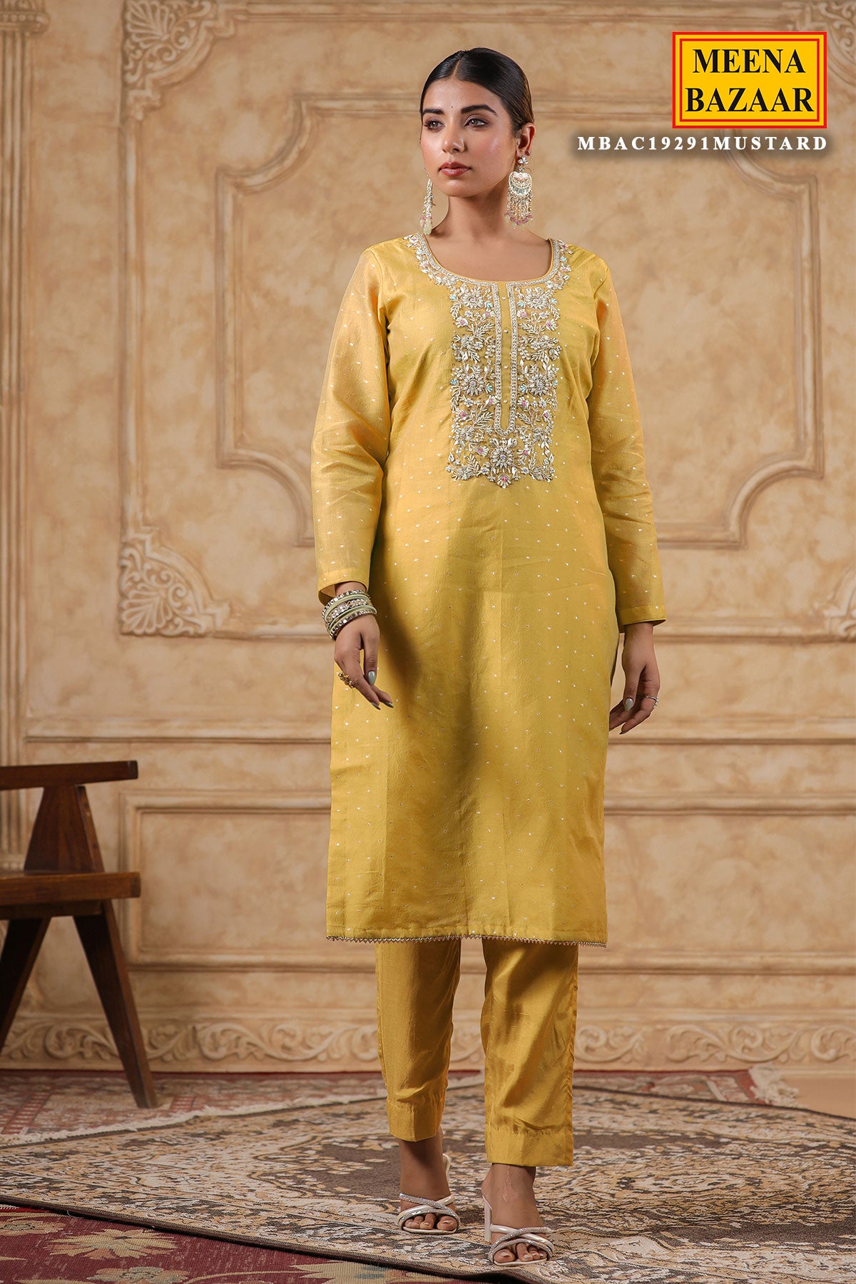 Mustard Chanderi Cut-dana Neck Embroidered Suit Set