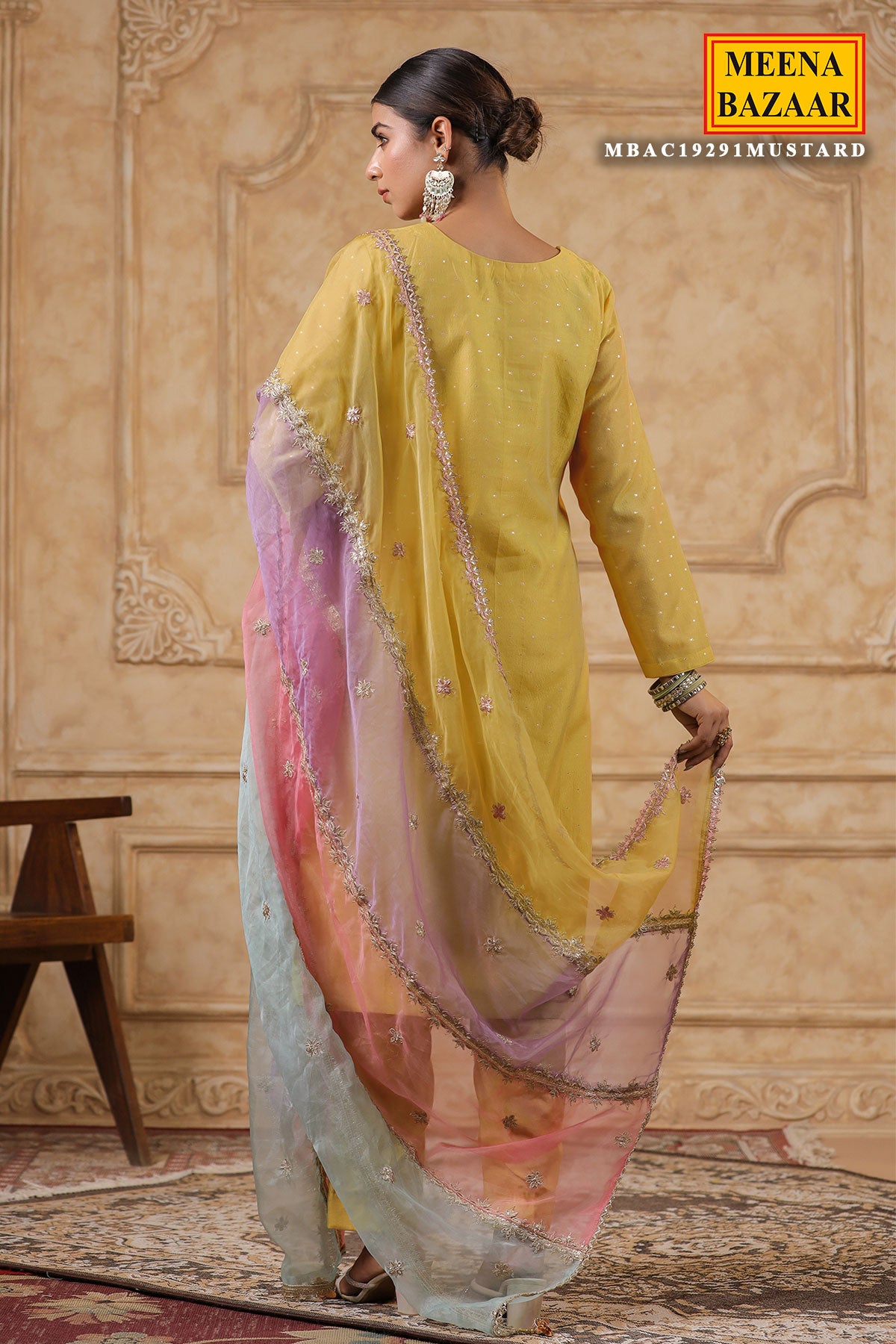 Mustard Chanderi Cut-dana Neck Embroidered Suit Set