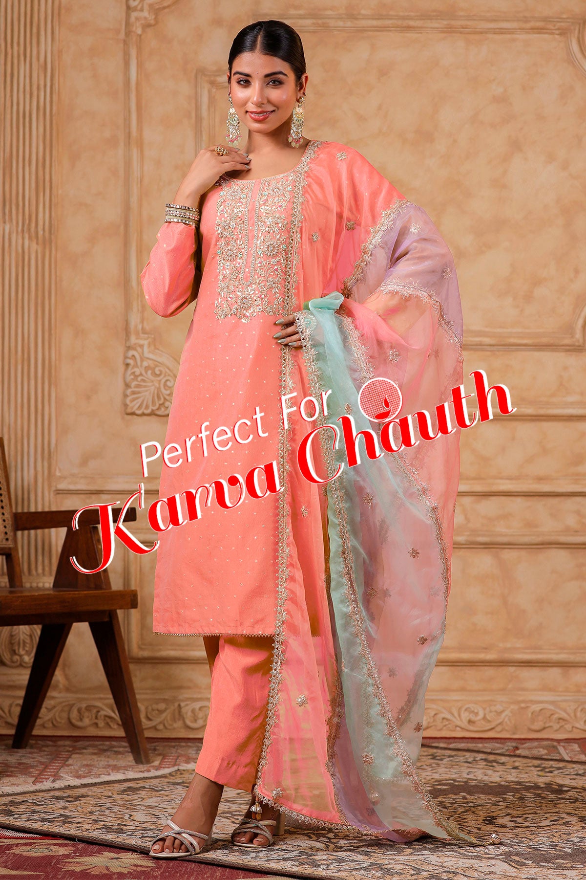 Peach Chanderi Cut-dana Neck Embroidered Suit Set