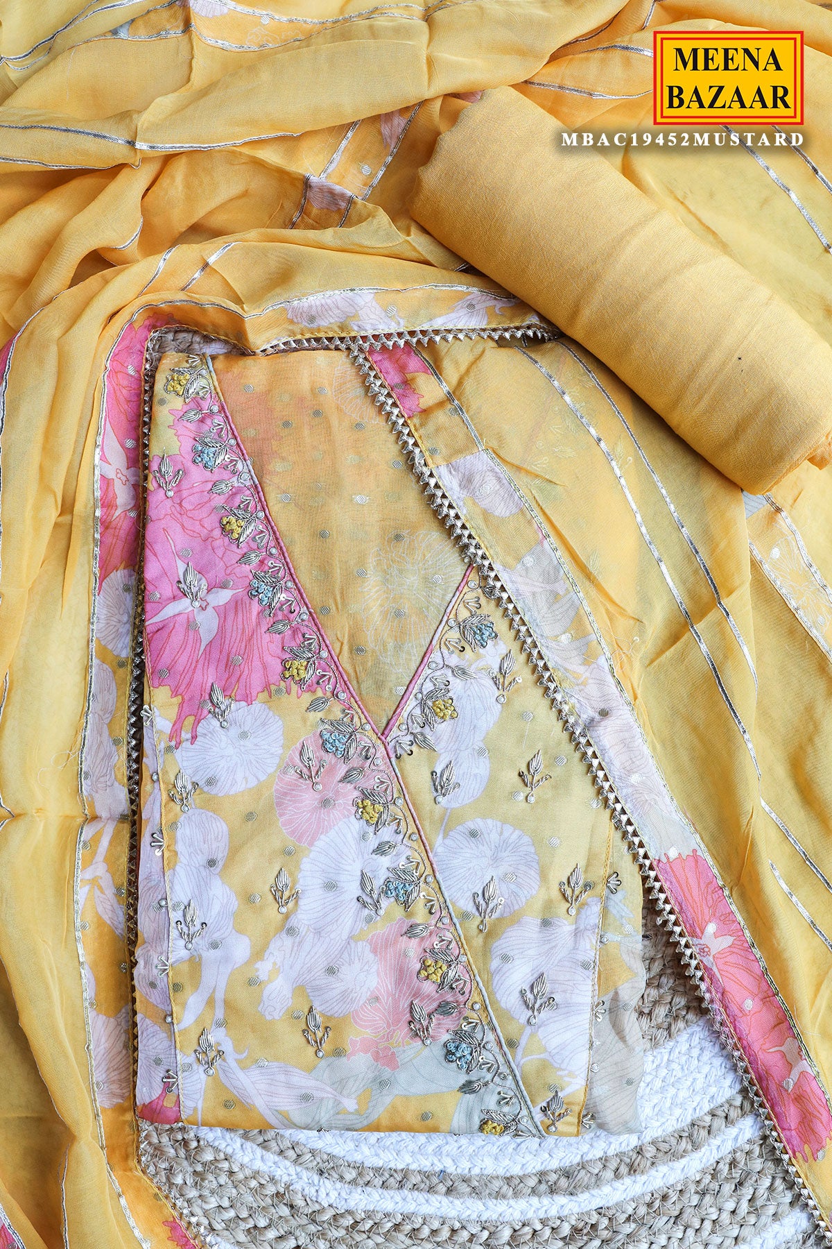 Mustard Organza Floral Printed Cut Dana Embroidered Suit