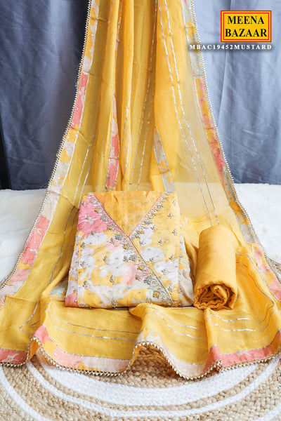 Mustard Organza Floral Printed Cut Dana Embroidered Suit