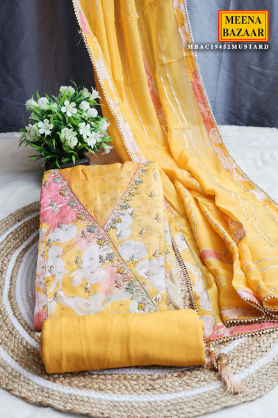 Mustard Organza Floral Printed Cut Dana Embroidered Suit