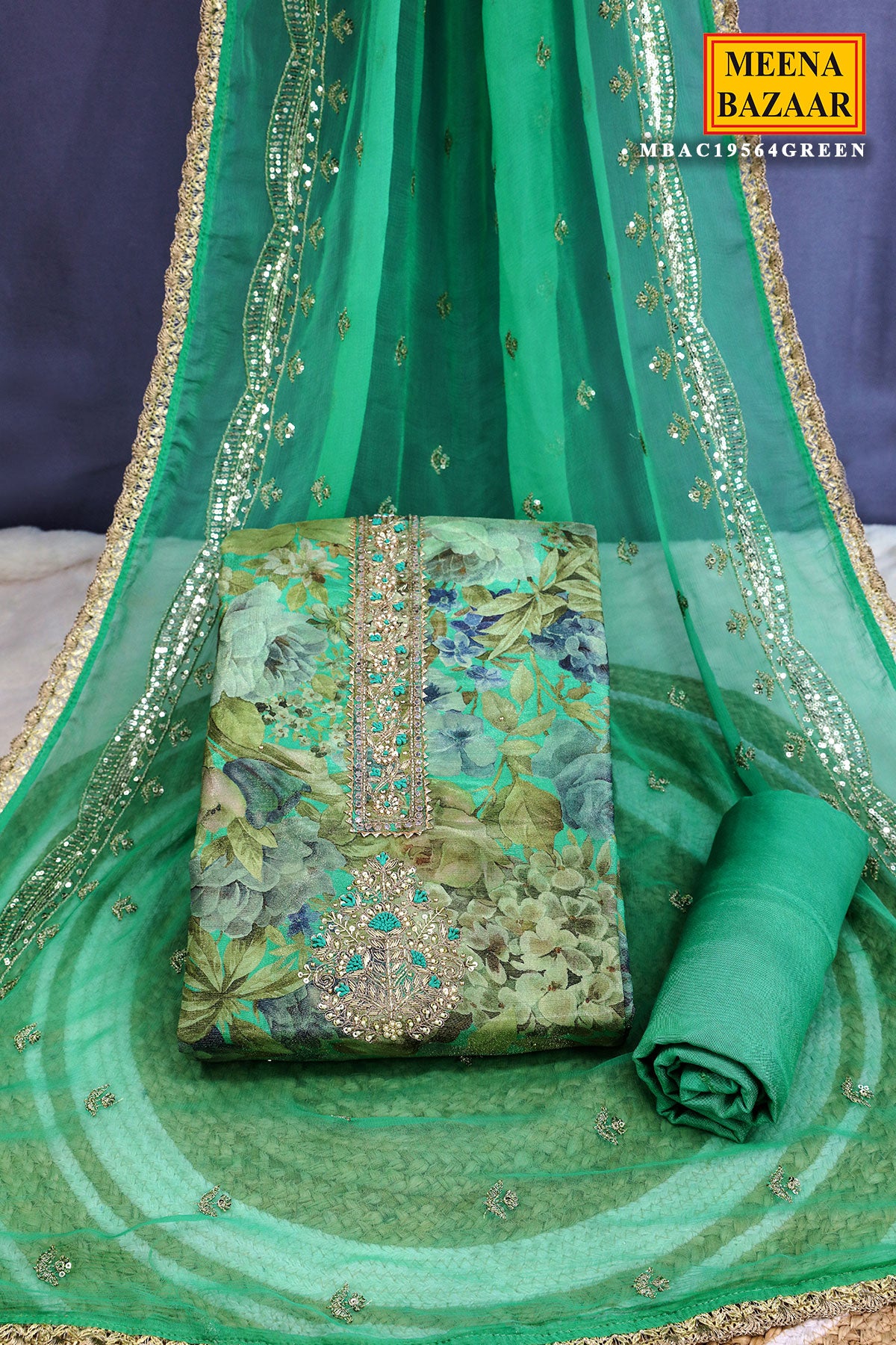 Green Floral Printed Yoke Embroidered Shimmer Crepe Suit