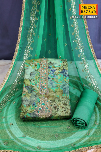 Green Floral Printed Yoke Embroidered Shimmer Crepe Suit