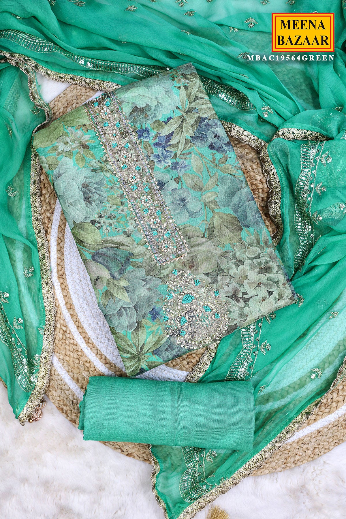 Green Floral Printed Yoke Embroidered Shimmer Crepe Suit