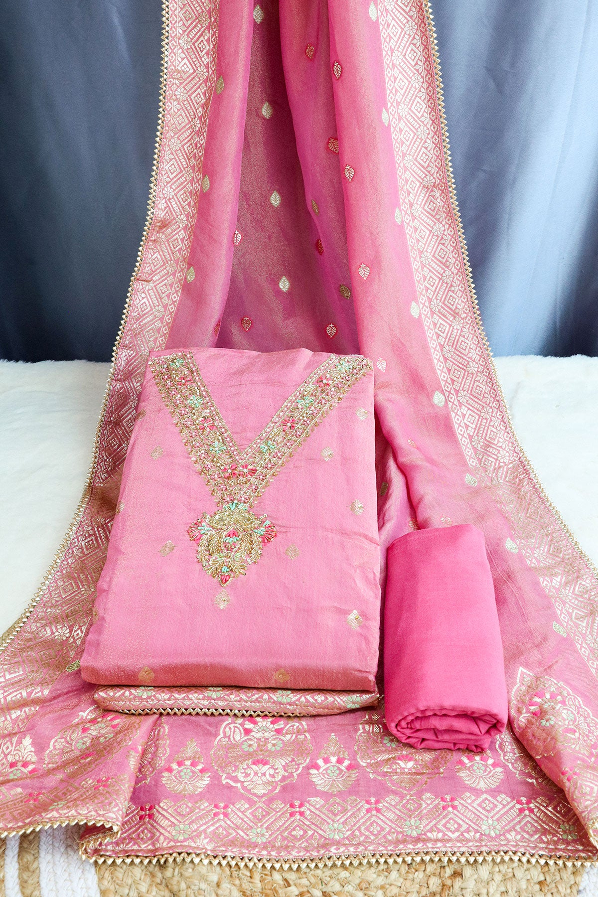 Pink Tissue Cut-dana Embroidered Unstitched Suit