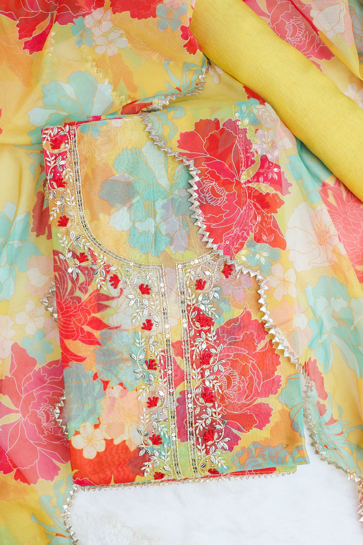 Mustard Organza Floral Printed Suit Set